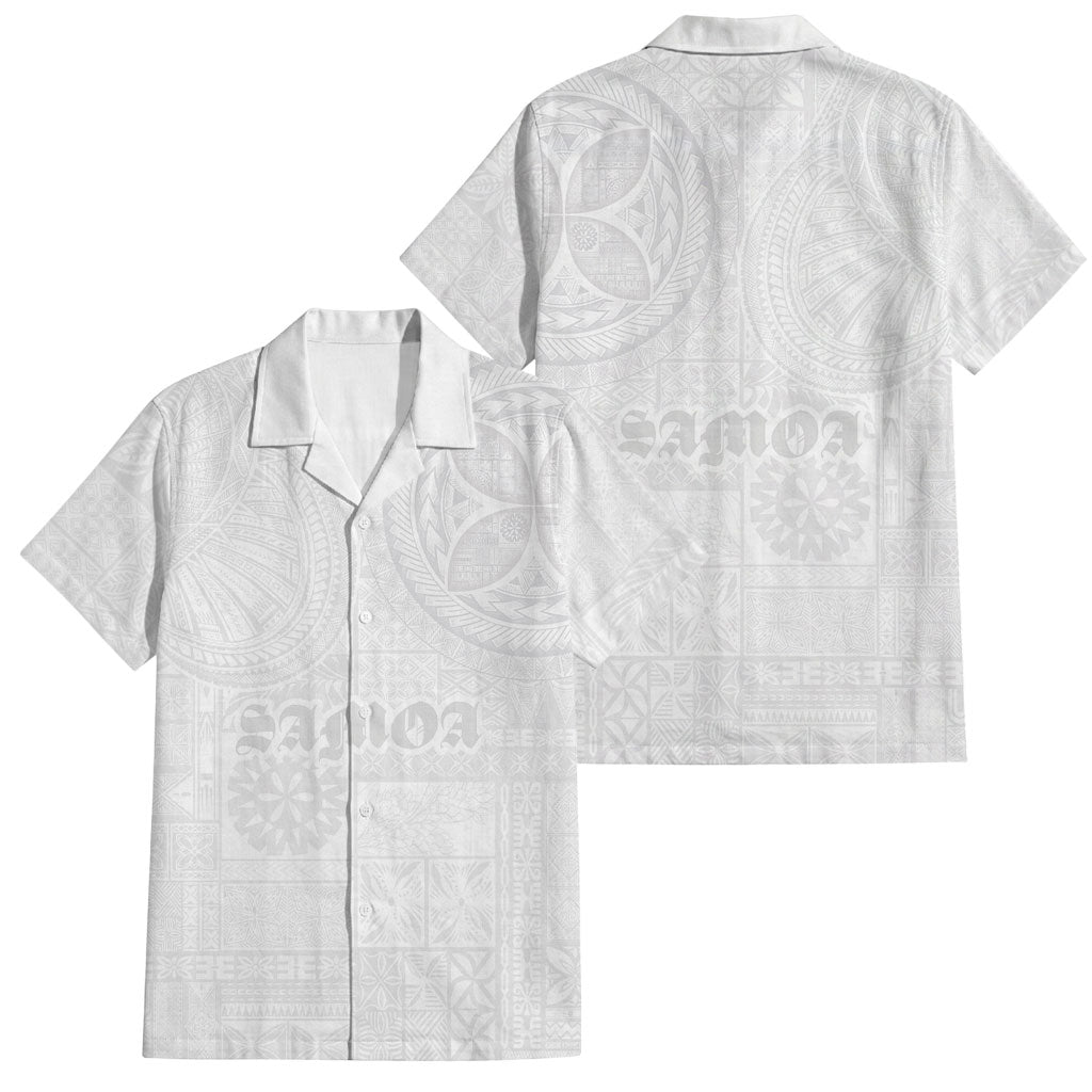 Samoa Lotu Tamaiti Family Matching Off Shoulder Short Dress and Hawaiian Shirt Tribal Tatau with Siapo Pattern LT03 Dad's Shirt - Short Sleeve White - Polynesian Pride
