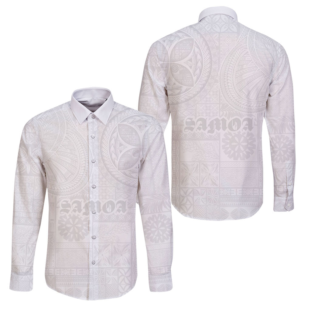 Samoa Lotu Tamaiti Family Matching Off Shoulder Short Dress and Hawaiian Shirt Tribal Tatau with Siapo Pattern LT03 Dad's Shirt - Long Sleeve White - Polynesian Pride