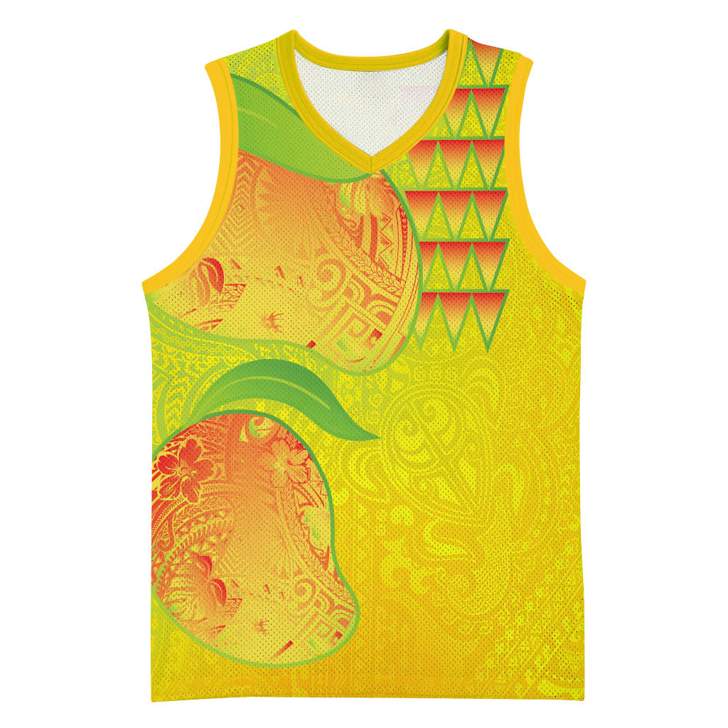 Hawaiian Mango Basketball Jersey Polynesian Art Pattern and Kakau Tattoo