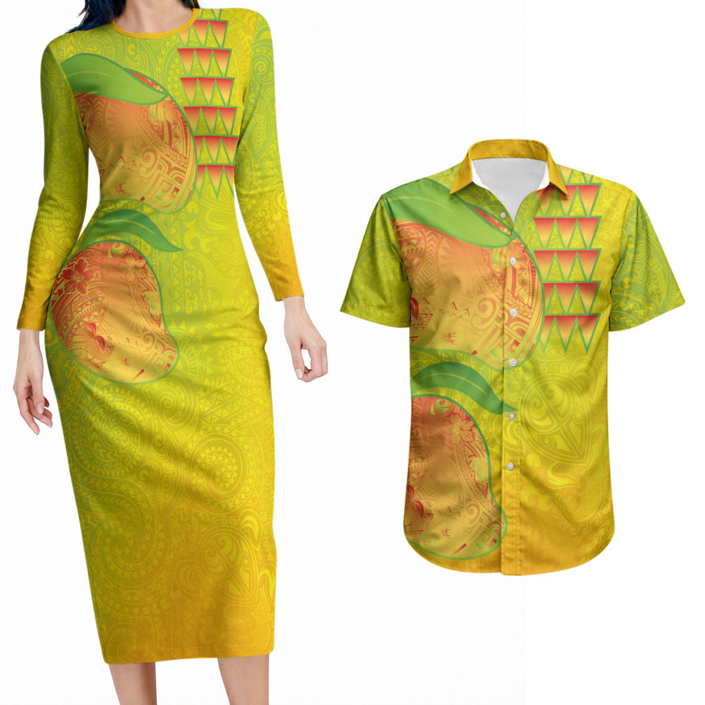 Hawaiian Mango Couples Matching Long Sleeve Bodycon Dress and Hawaiian Shirt Polynesian Art Pattern and Kakau Tattoo LT03 Yellow - Polynesian Pride