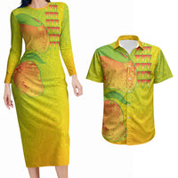 Hawaiian Mango Couples Matching Long Sleeve Bodycon Dress and Hawaiian Shirt Polynesian Art Pattern and Kakau Tattoo LT03 Yellow - Polynesian Pride