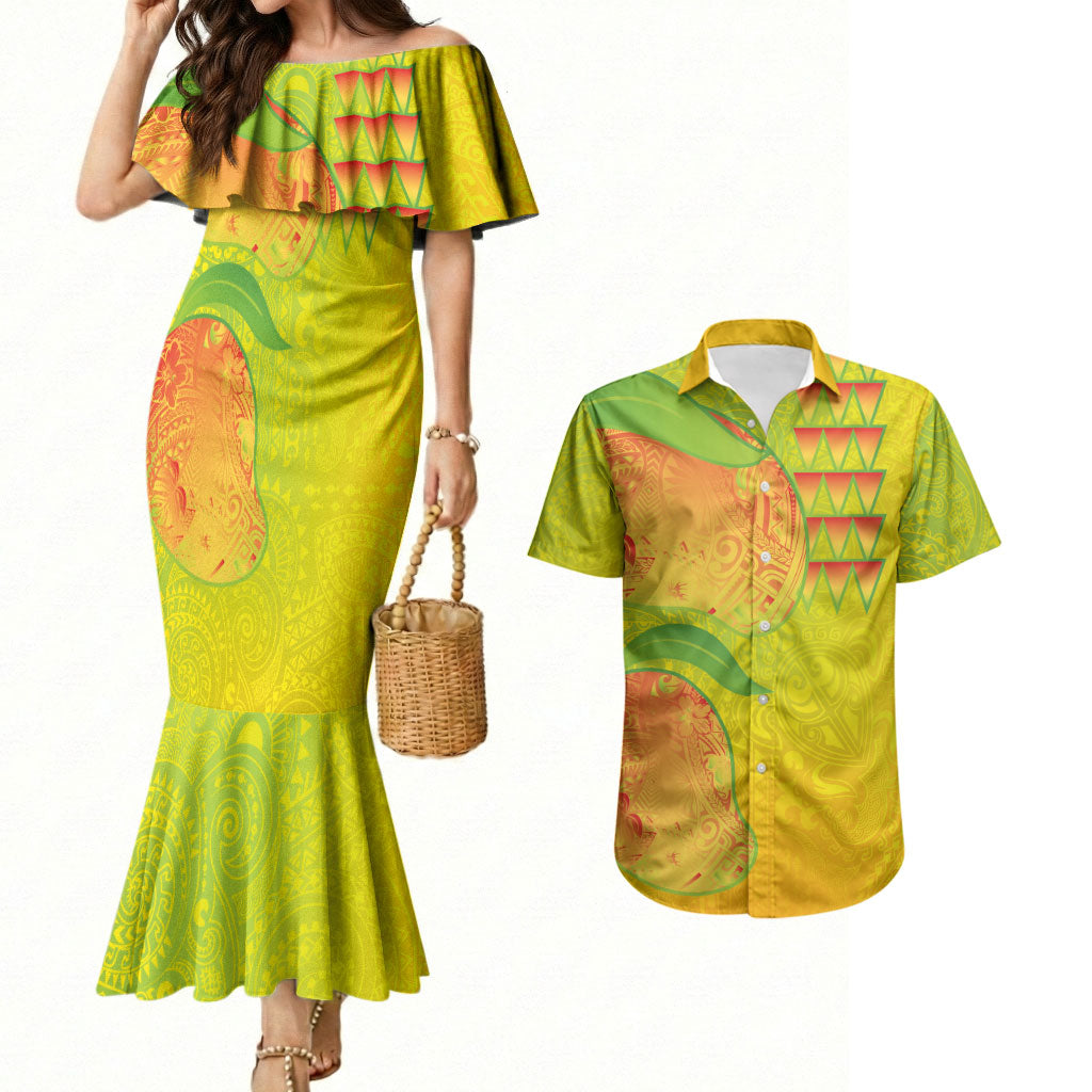 Hawaiian Mango Couples Matching Mermaid Dress and Hawaiian Shirt Polynesian Art Pattern and Kakau Tattoo LT03 Yellow - Polynesian Pride