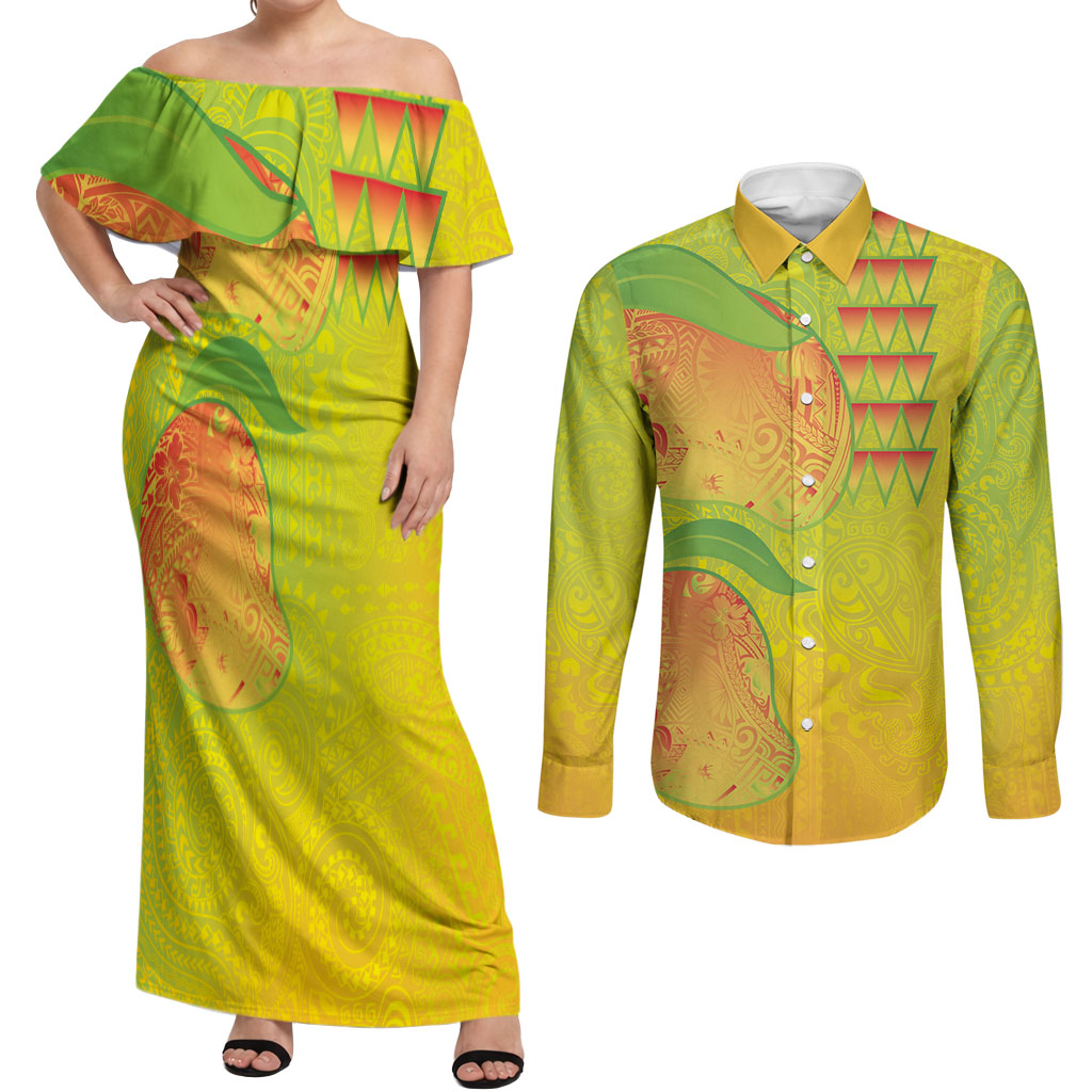 Hawaiian Mango Couples Matching Off Shoulder Maxi Dress and Long Sleeve Button Shirt Polynesian Art Pattern and Kakau Tattoo