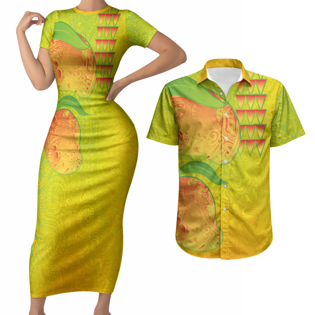 Hawaiian Mango Couples Matching Short Sleeve Bodycon Dress and Hawaiian Shirt Polynesian Art Pattern and Kakau Tattoo LT03 Yellow - Polynesian Pride