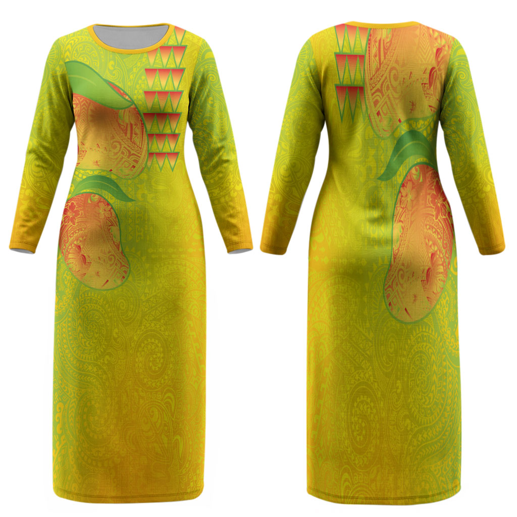 Hawaiian Mango Family Matching Long Sleeve Bodycon Dress and Hawaiian Shirt Polynesian Art Pattern and Kakau Tattoo LT03 Mom's Dress Yellow - Polynesian Pride