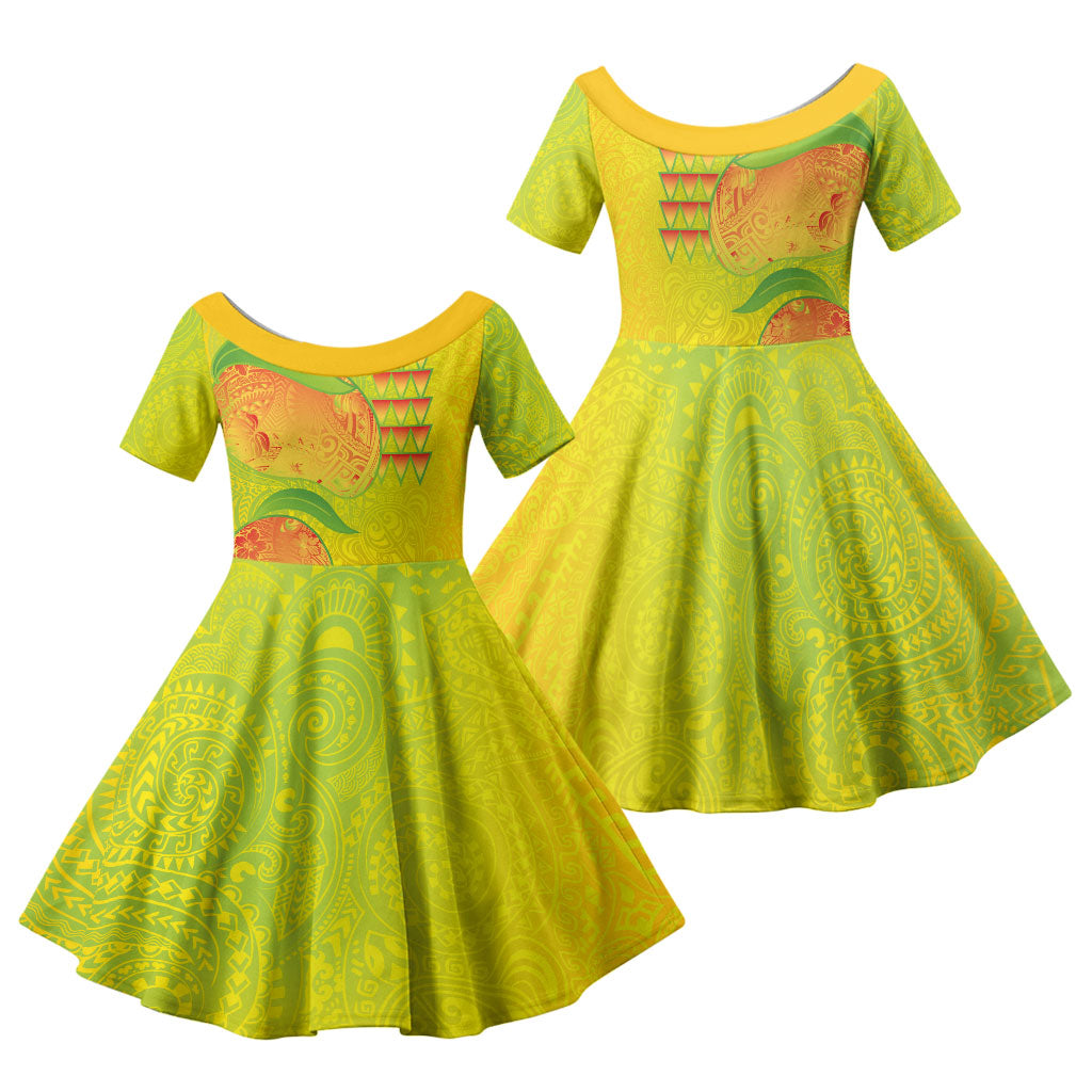 Hawaiian Mango Family Matching Long Sleeve Bodycon Dress and Hawaiian Shirt Polynesian Art Pattern and Kakau Tattoo LT03 Daughter's Dress Yellow - Polynesian Pride