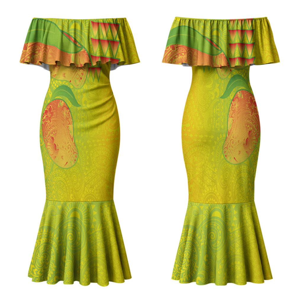 Hawaiian Mango Family Matching Mermaid Dress and Hawaiian Shirt Polynesian Art Pattern and Kakau Tattoo LT03 Mom's Dress Yellow - Polynesian Pride