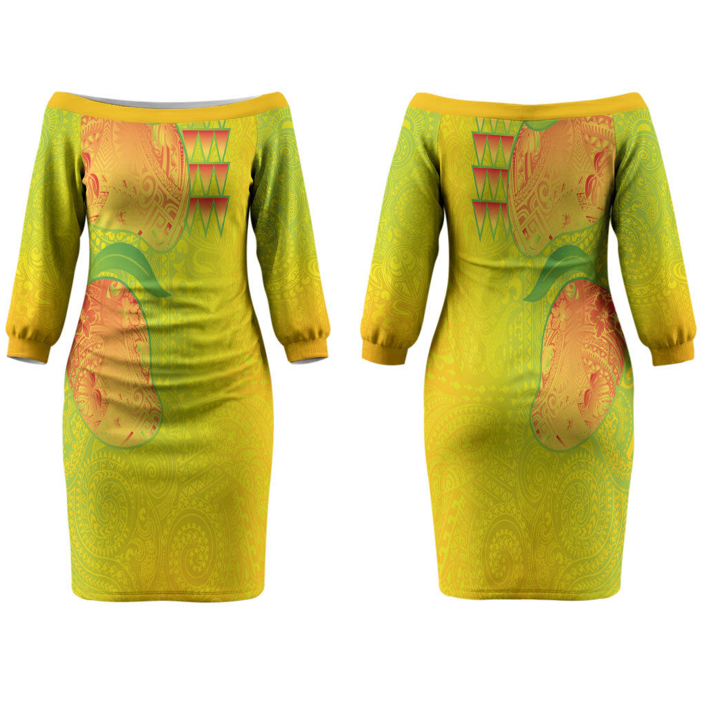 Hawaiian Mango Family Matching Off The Shoulder Long Sleeve Dress and Hawaiian Shirt Polynesian Art Pattern and Kakau Tattoo LT03 Mom's Dress Yellow - Polynesian Pride
