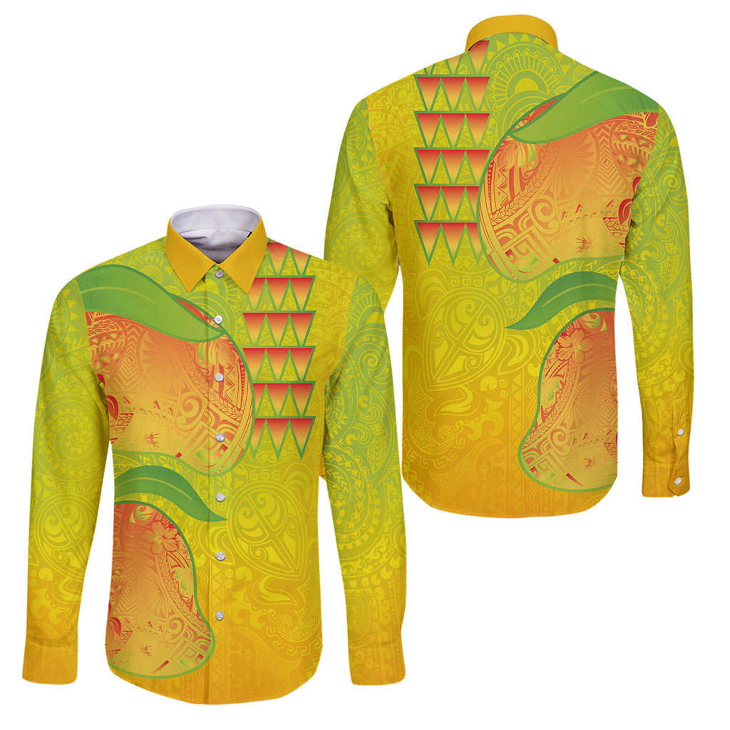 Hawaiian Mango Family Matching Puletasi and Hawaiian Shirt Polynesian Art Pattern and Kakau Tattoo LT03 Dad's Shirt - Long Sleeve Yellow - Polynesian Pride