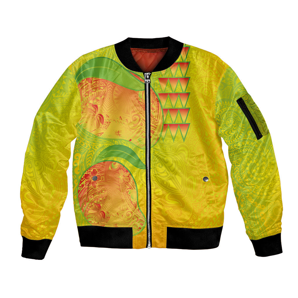 Hawaiian Mango Sleeve Zip Bomber Jacket Polynesian Art Pattern and Kakau Tattoo