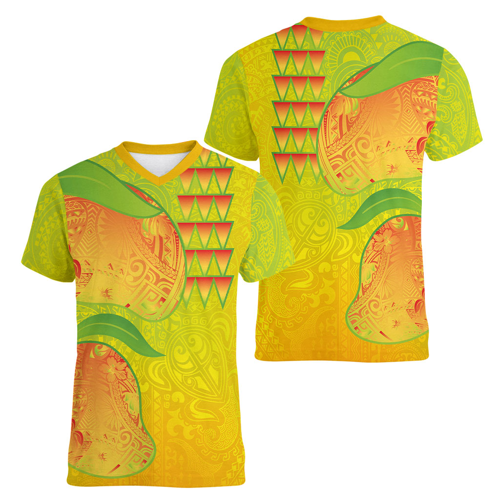 Hawaiian Mango Women V-Neck T-Shirt Polynesian Art Pattern and Kakau Tattoo LT03 - Polynesian Pride