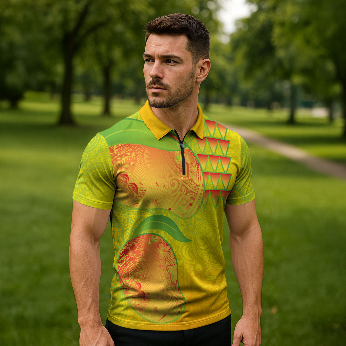 Hawaiian Mango Zipper Polo Shirt Polynesian Art Pattern and Kakau Tattoo