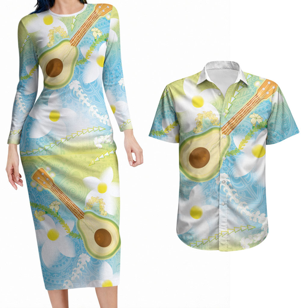 Hawaiian Ukulele Avocado Couples Matching Long Sleeve Bodycon Dress and Hawaiian Shirt Leis and Polynesian Pattern LT03 White - Polynesian Pride