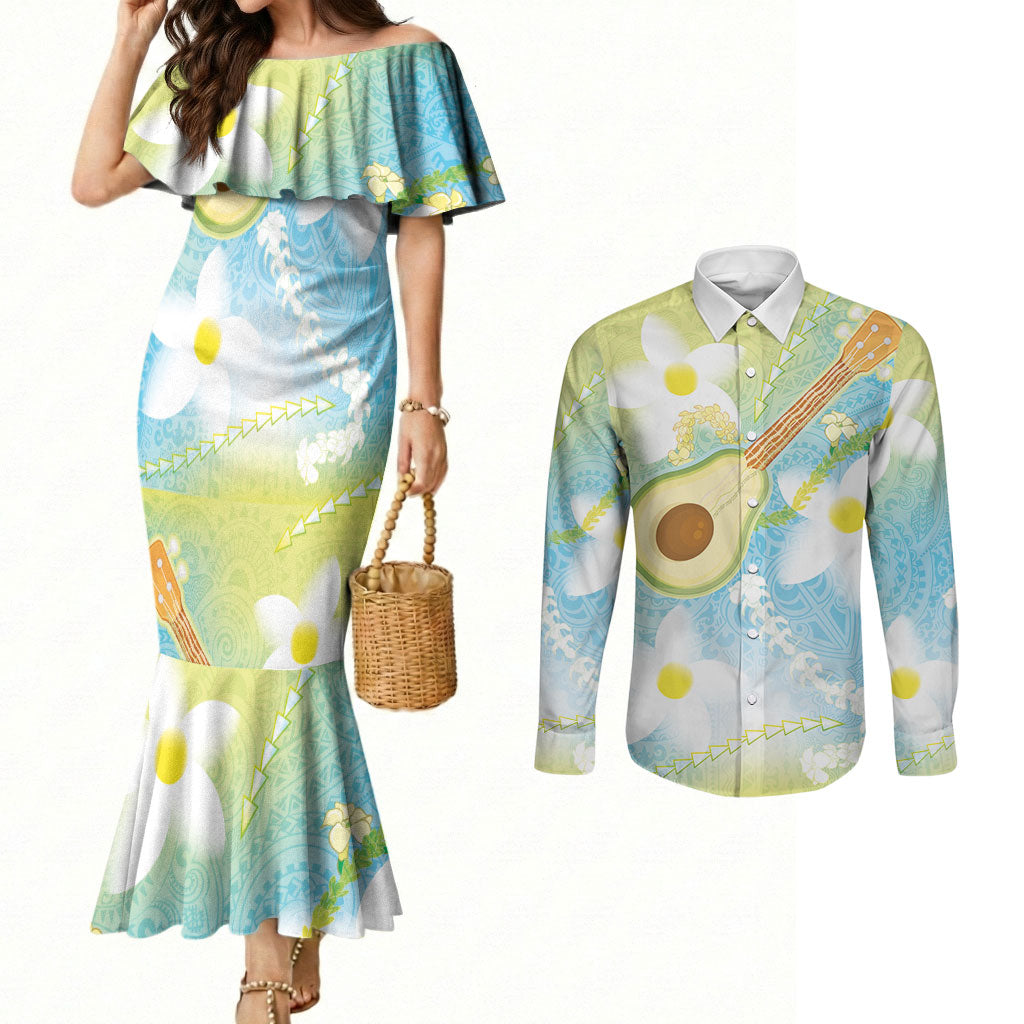 Hawaiian Ukulele Avocado Couples Matching Mermaid Dress and Long Sleeve Button Shirt Leis and Polynesian Pattern