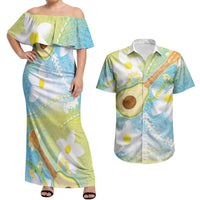 Hawaiian Ukulele Avocado Couples Matching Off Shoulder Maxi Dress and Hawaiian Shirt Leis and Polynesian Pattern
