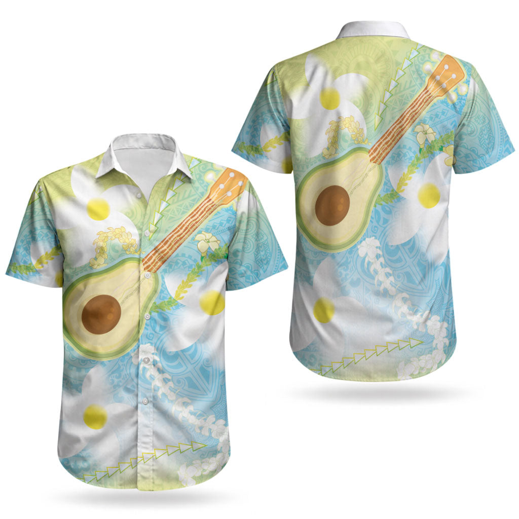 Hawaiian Ukulele Avocado Couples Matching Off Shoulder Maxi Dress and Hawaiian Shirt Leis and Polynesian Pattern