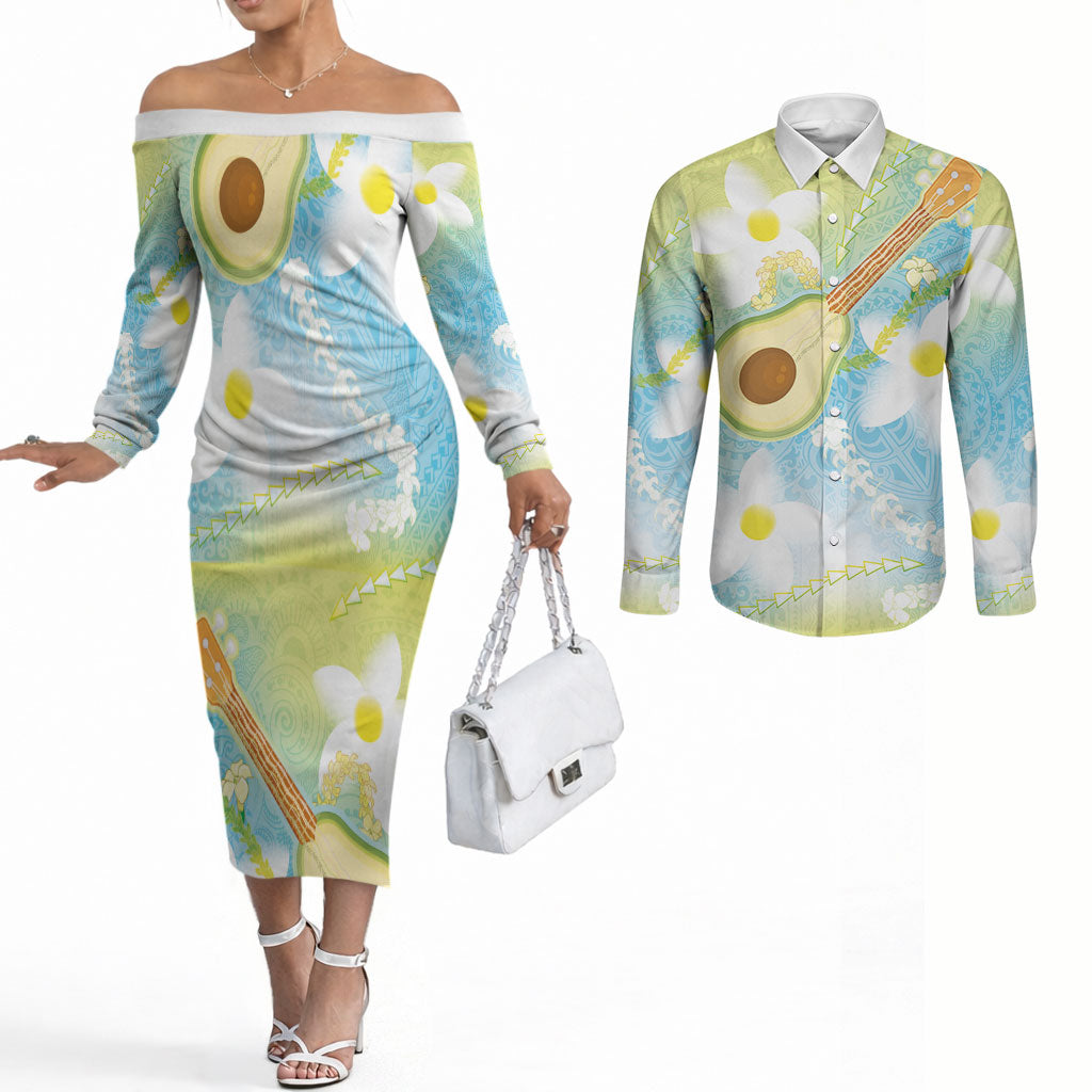 Hawaiian Ukulele Avocado Couples Matching Off The Shoulder Long Sleeve Dress and Long Sleeve Button Shirt Leis and Polynesian Pattern