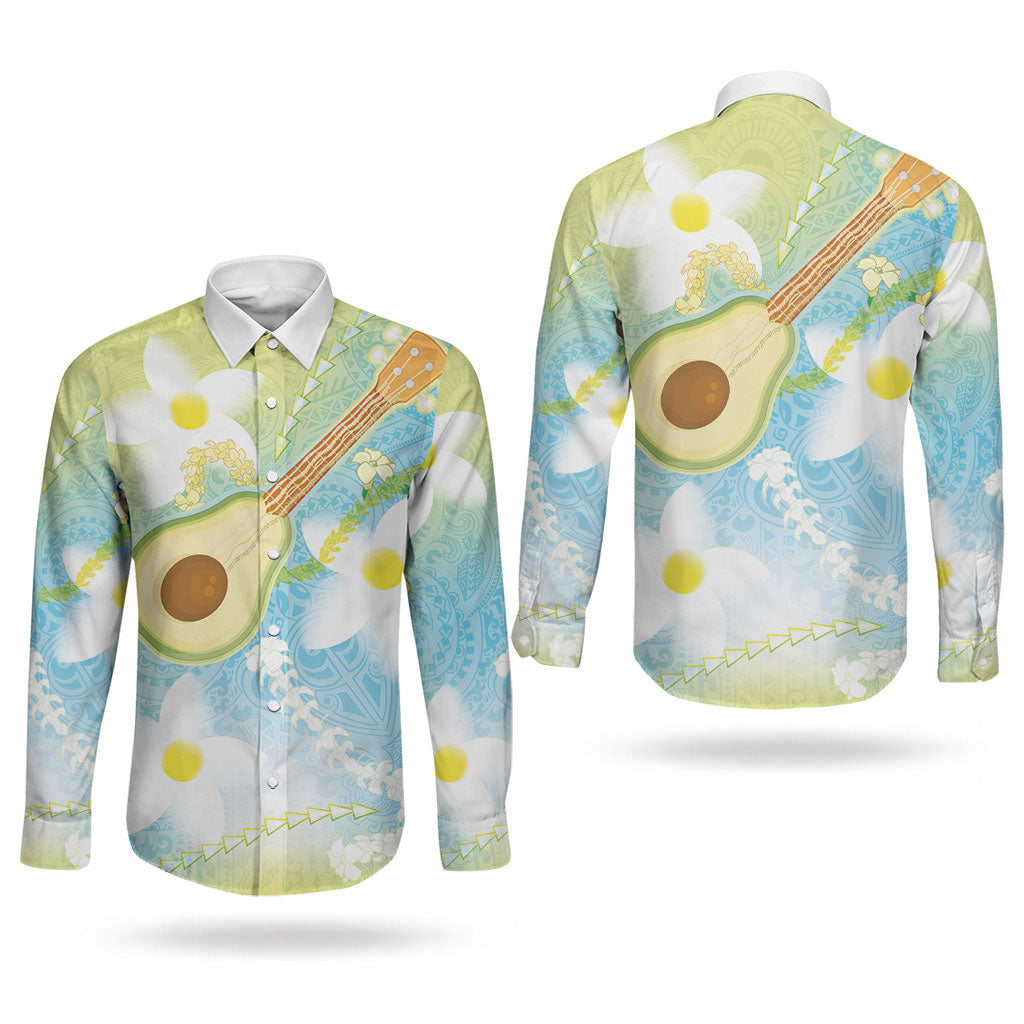 Hawaiian Ukulele Avocado Couples Matching Puletasi and Long Sleeve Button Shirt Leis and Polynesian Pattern