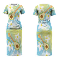 Hawaiian Ukulele Avocado Couples Matching Short Sleeve Bodycon Dress and Long Sleeve Button Shirt Leis and Polynesian Pattern
