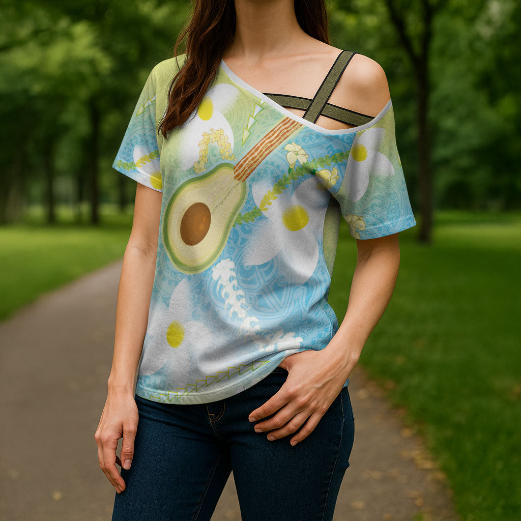 Hawaiian Ukulele Avocado Cross Shoulder Shirt Leis and Polynesian Pattern