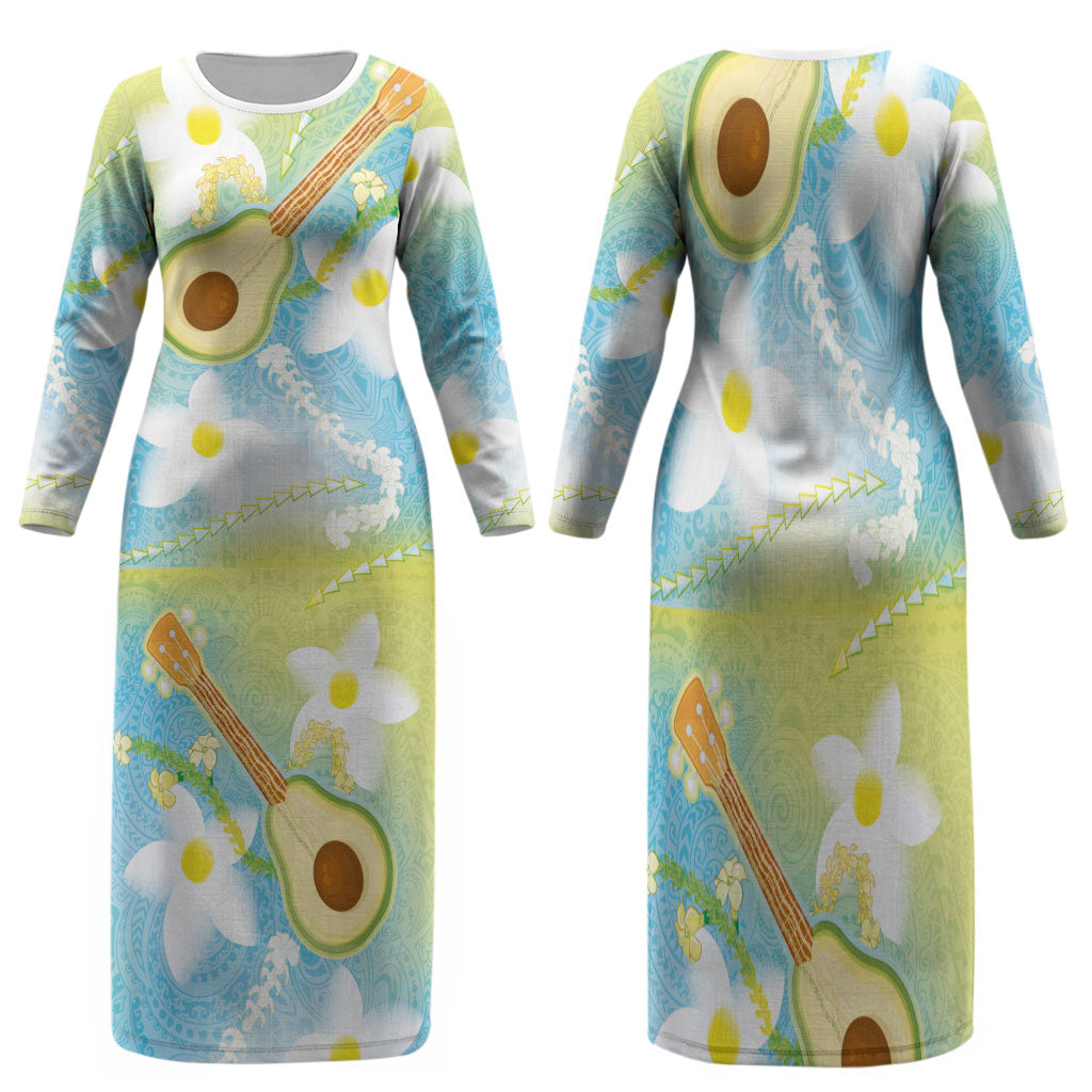 Hawaiian Ukulele Avocado Family Matching Long Sleeve Bodycon Dress and Hawaiian Shirt Leis and Polynesian Pattern LT03 Mom's Dress White - Polynesian Pride