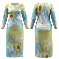 Hawaiian Ukulele Avocado Family Matching Long Sleeve Bodycon Dress and Hawaiian Shirt Leis and Polynesian Pattern LT03 Mom's Dress White - Polynesian Pride