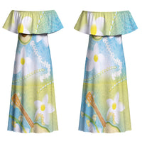 Hawaiian Ukulele Avocado Family Matching Off Shoulder Maxi Dress and Hawaiian Shirt Leis and Polynesian Pattern LT03 Mom's Dress White - Polynesian Pride