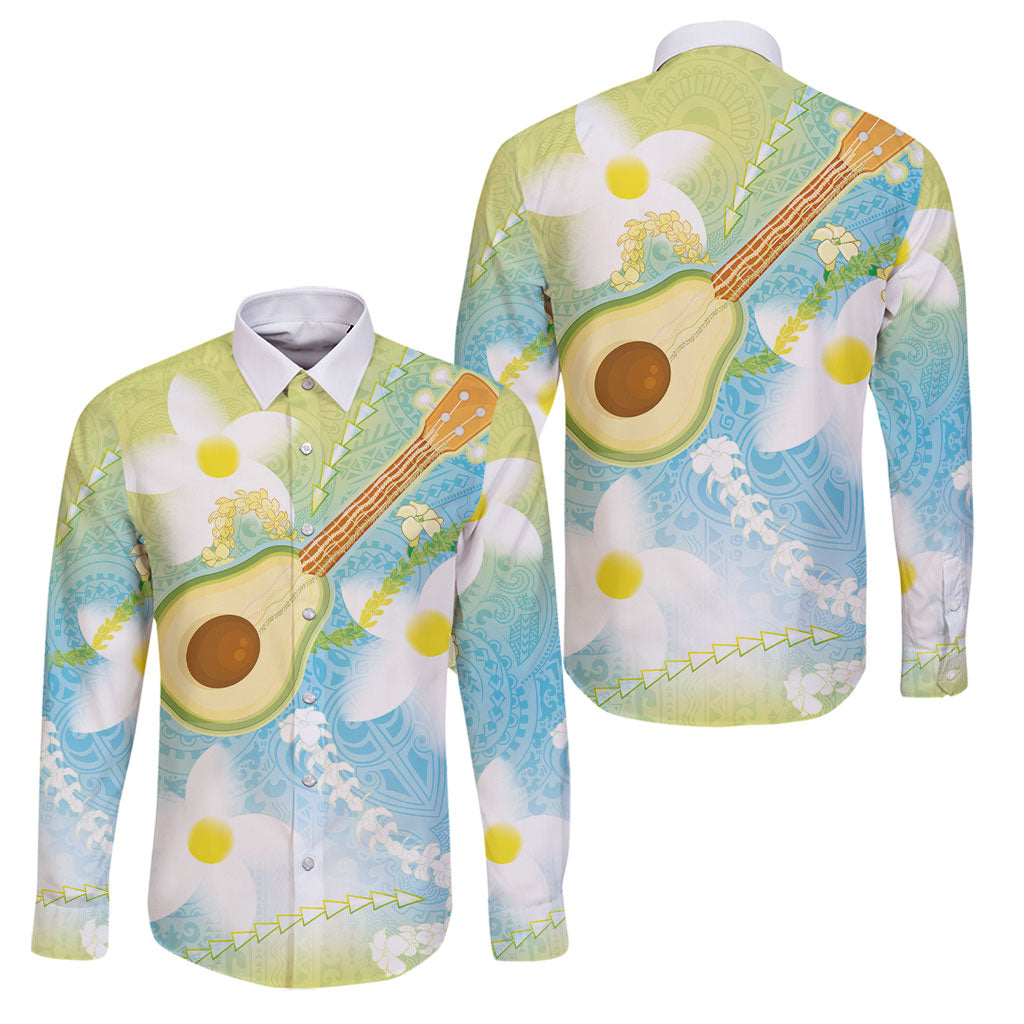 Hawaiian Ukulele Avocado Family Matching Off Shoulder Maxi Dress and Hawaiian Shirt Leis and Polynesian Pattern LT03 Dad's Shirt - Long Sleeve White - Polynesian Pride