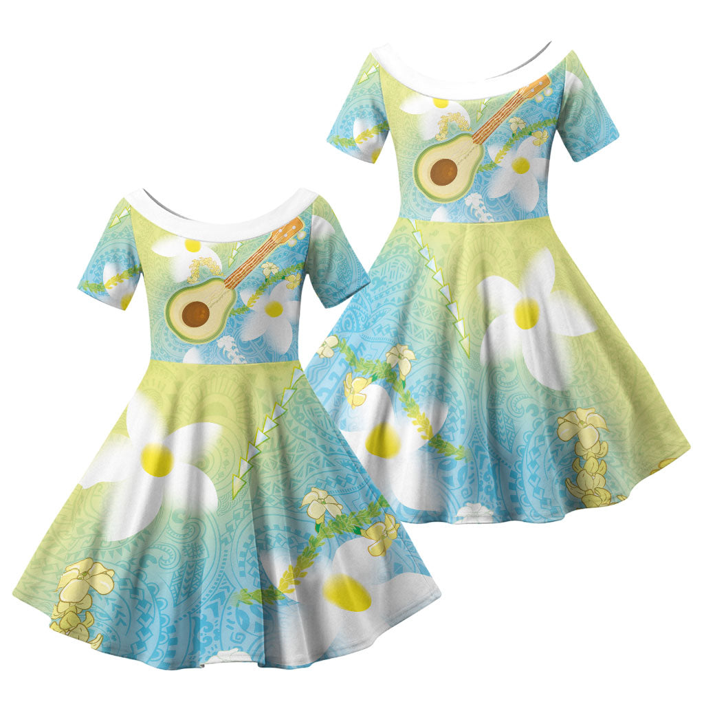 Hawaiian Ukulele Avocado Family Matching Short Sleeve Bodycon Dress and Hawaiian Shirt Leis and Polynesian Pattern LT03 Daughter's Dress White - Polynesian Pride