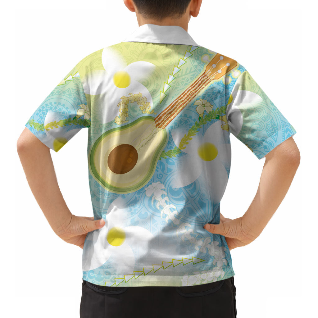 Hawaiian Ukulele Avocado Kid Hawaiian Shirt Leis and Polynesian Pattern