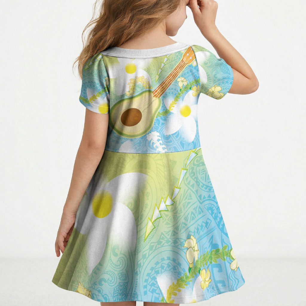 Hawaiian Ukulele Avocado Kid Short Sleeve Dress Leis and Polynesian Pattern