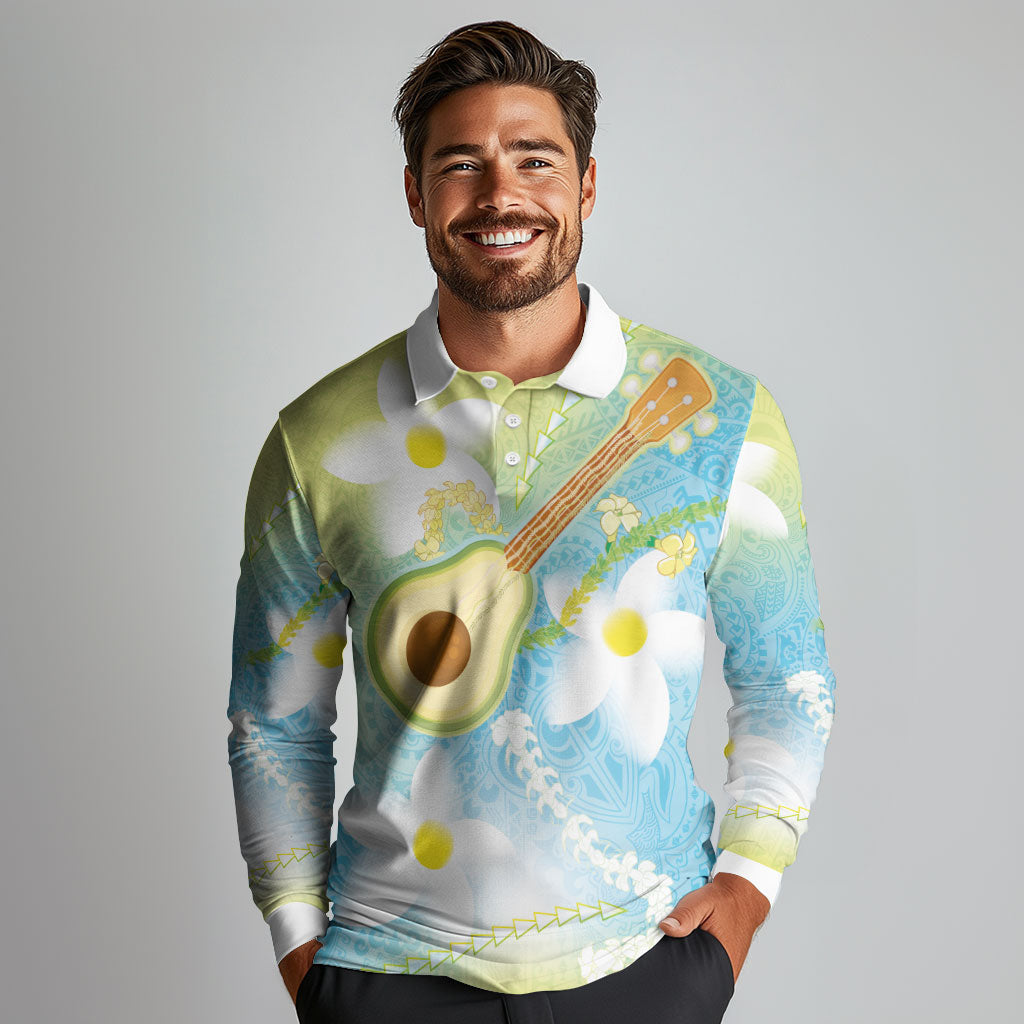 Hawaiian Ukulele Avocado Long Sleeve Polo Shirt Leis and Polynesian Pattern