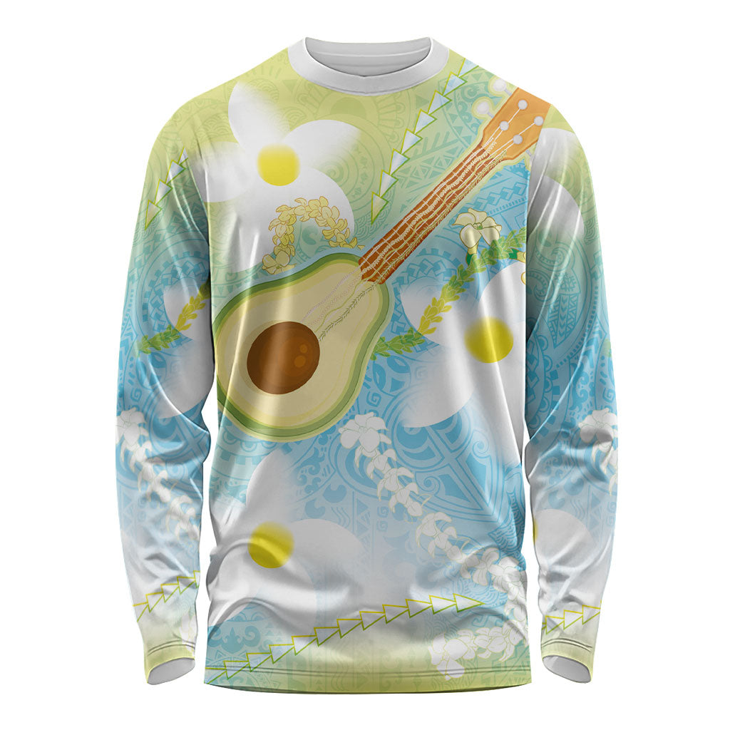 Hawaiian Ukulele Avocado Long Sleeve Shirt Leis and Polynesian Pattern