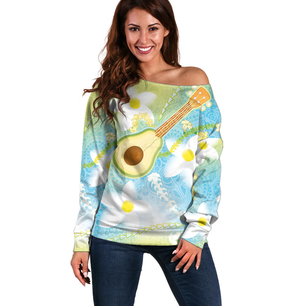 Hawaiian Ukulele Avocado Off Shoulder Sweater Leis and Polynesian Pattern