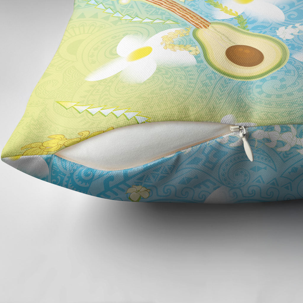 Hawaiian Ukulele Avocado Pillow Cover Leis and Polynesian Pattern