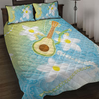 Hawaiian Ukulele Avocado Quilt Bed Set Leis and Polynesian Pattern
