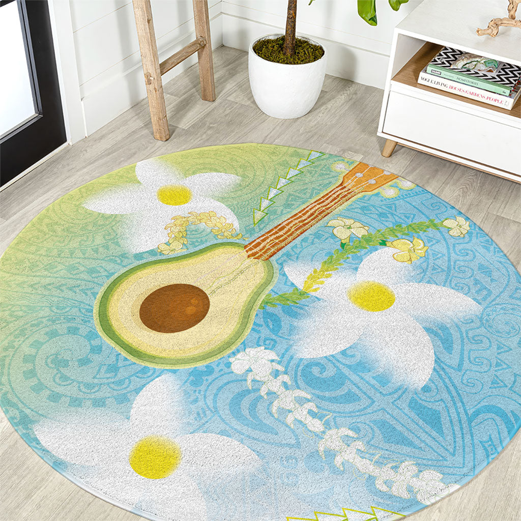 Hawaiian Ukulele Avocado Round Carpet Leis and Polynesian Pattern LT03 White - Polynesian Pride