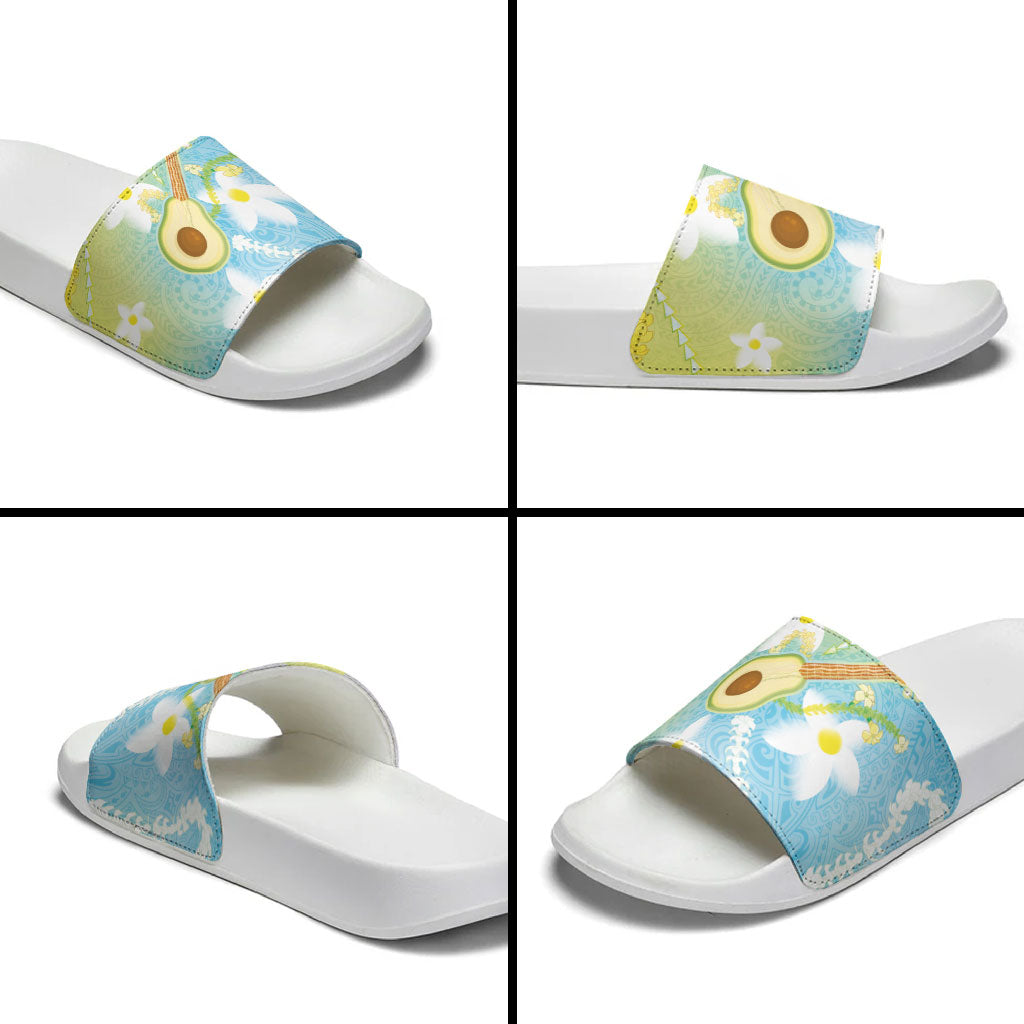 Hawaiian Ukulele Avocado Slide Sandals Leis and Polynesian Pattern