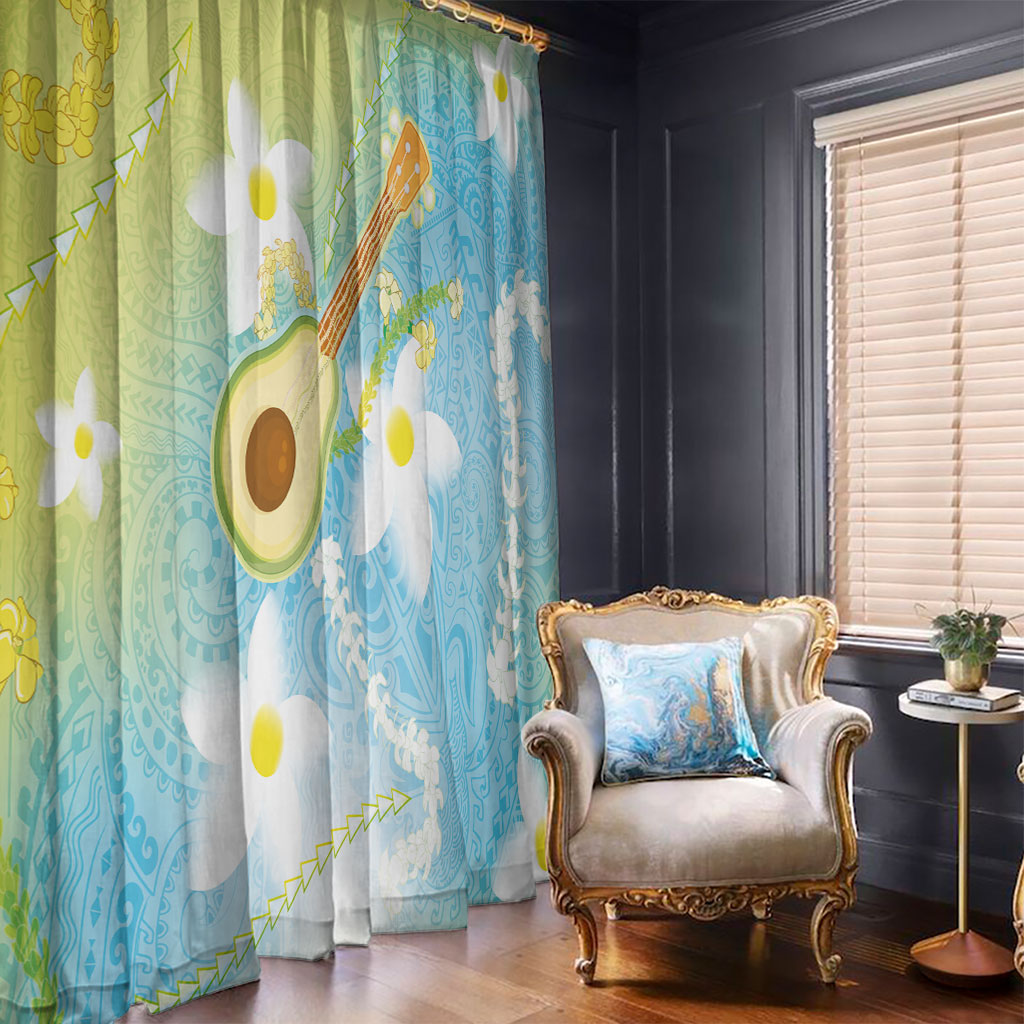 Hawaiian Ukulele Avocado Window Curtain Leis and Polynesian Pattern