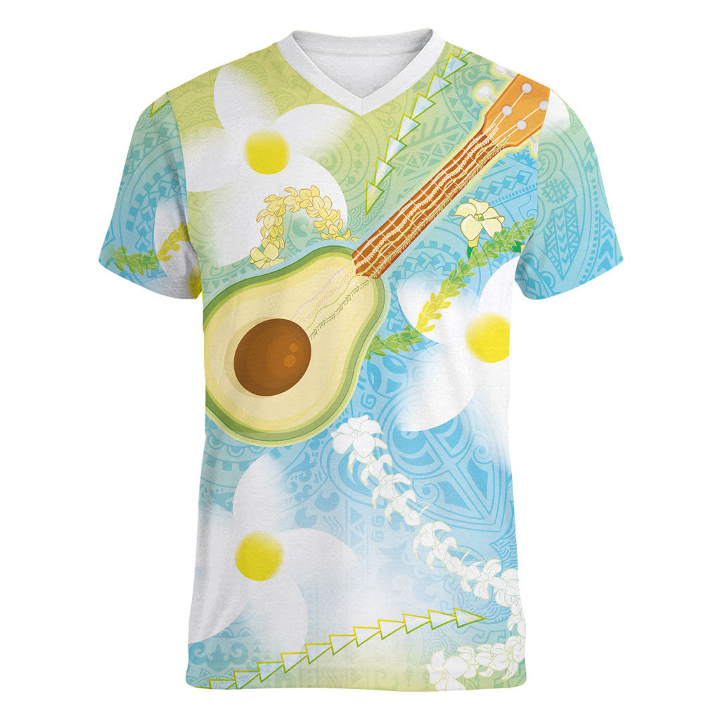 Hawaiian Ukulele Avocado Women V-Neck T-Shirt Leis and Polynesian Pattern