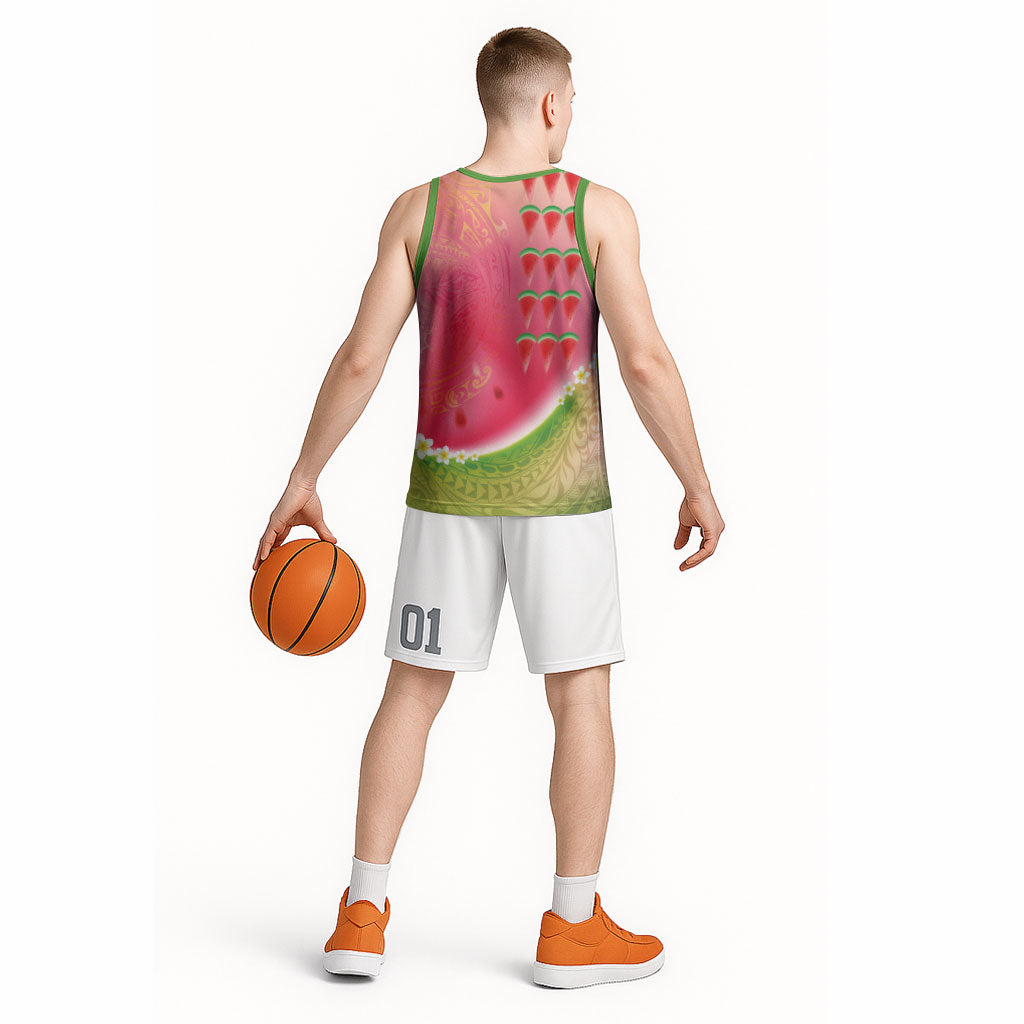 Hawaiian Watermelon Basketball Jersey with Kakau Art Tattoo