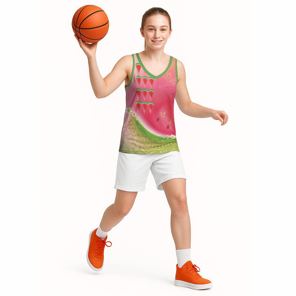 Hawaiian Watermelon Basketball Jersey with Kakau Art Tattoo
