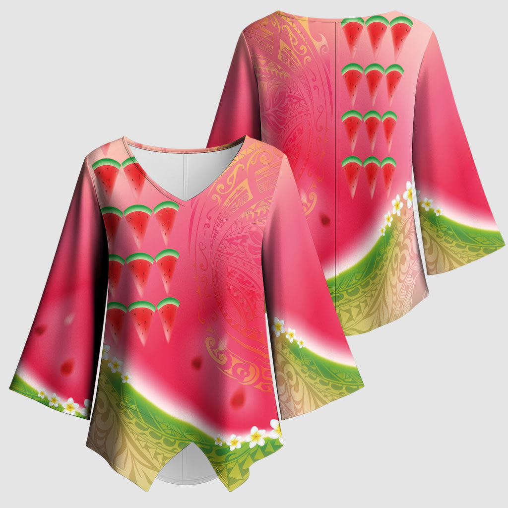 Hawaiian Watermelon Kimono Sleeve Blouse with Kakau Art Tattoo