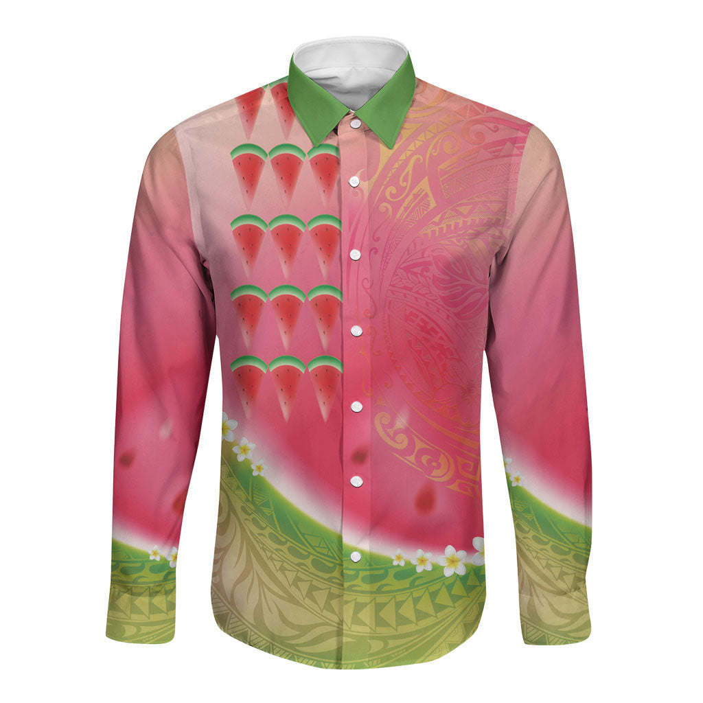 Hawaiian Watermelon Long Sleeve Button Shirt with Kakau Art Tattoo LT03 Unisex Multicolor - Polynesian Pride