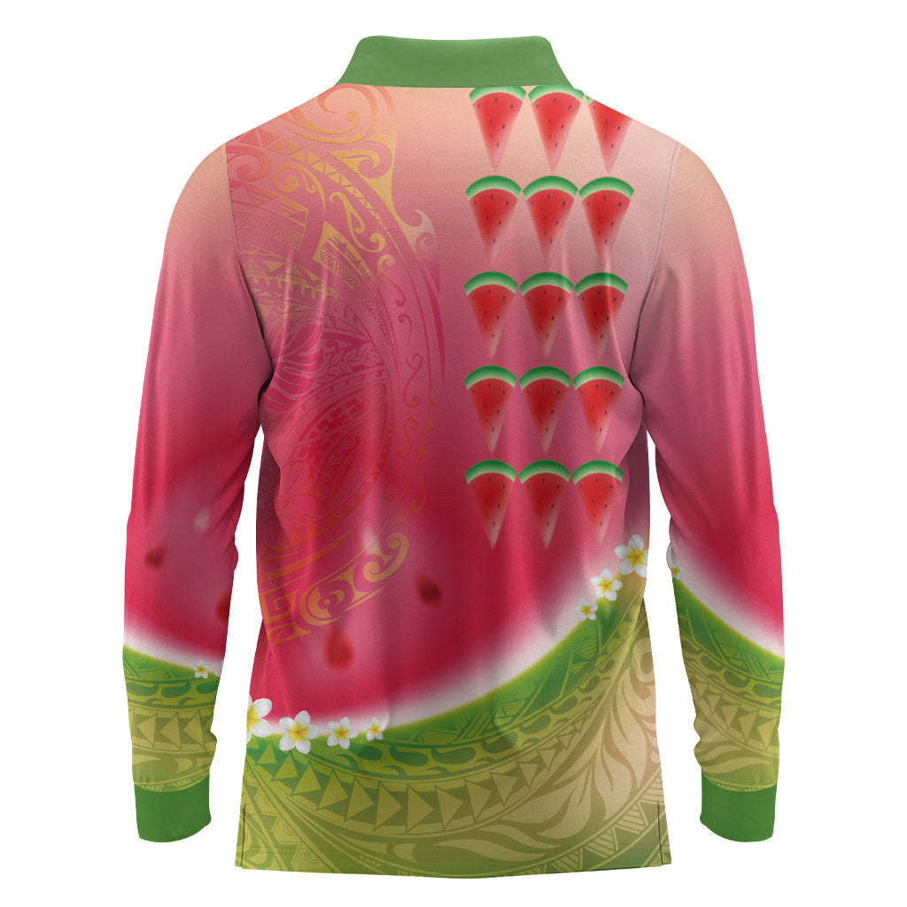 Hawaiian Watermelon Long Sleeve Polo Shirt with Kakau Art Tattoo LT03 - Polynesian Pride