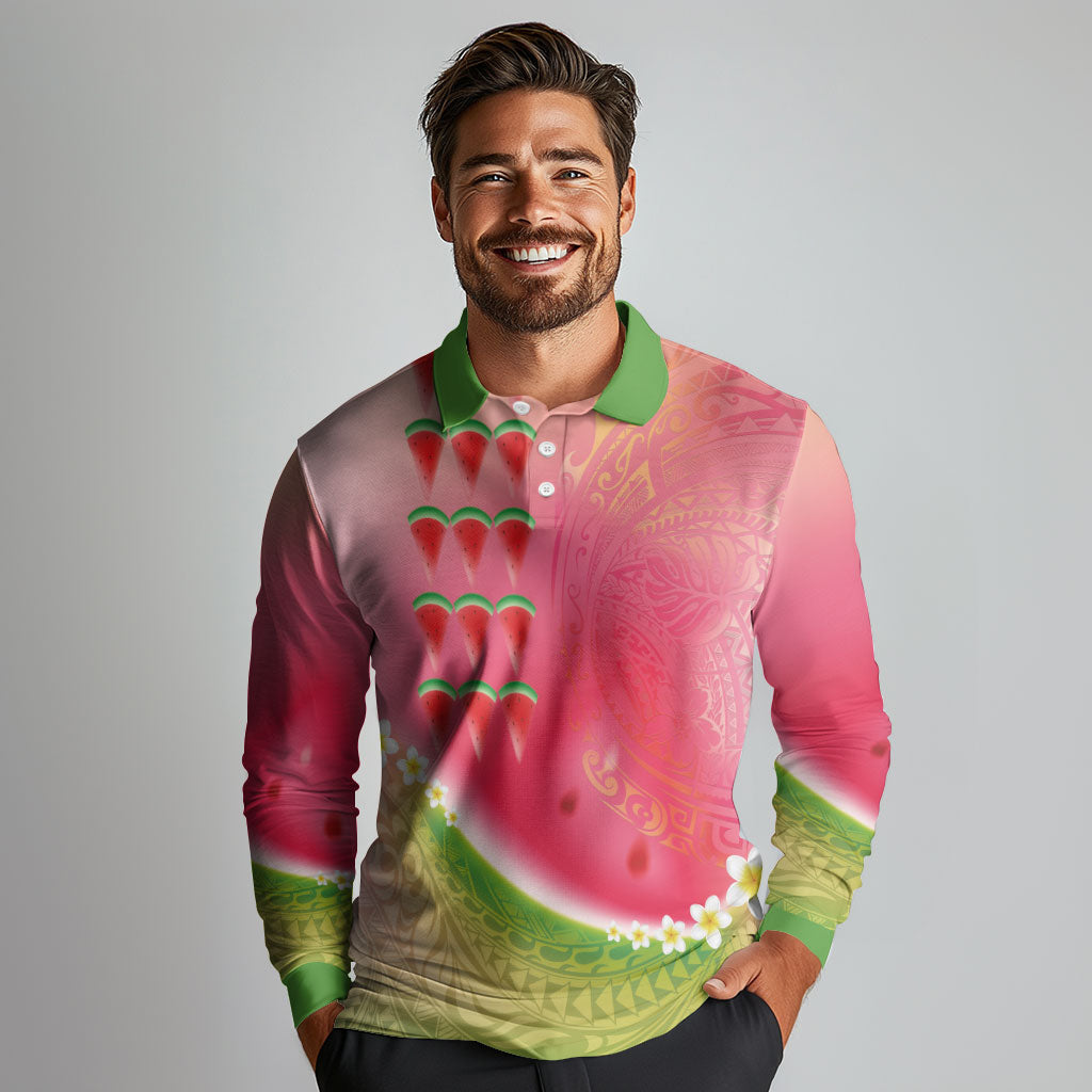 Hawaiian Watermelon Long Sleeve Polo Shirt with Kakau Art Tattoo LT03 - Polynesian Pride