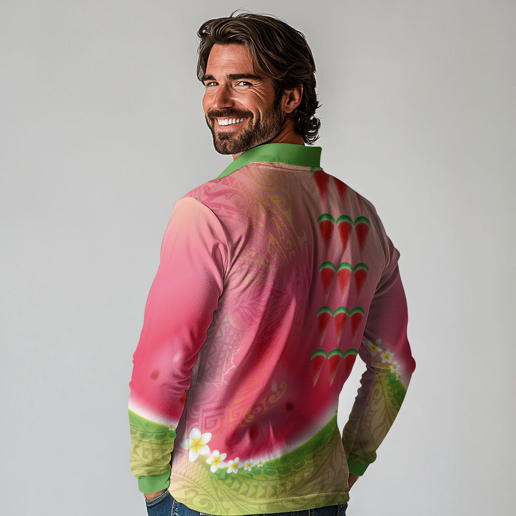 Hawaiian Watermelon Long Sleeve Polo Shirt with Kakau Art Tattoo LT03 - Polynesian Pride