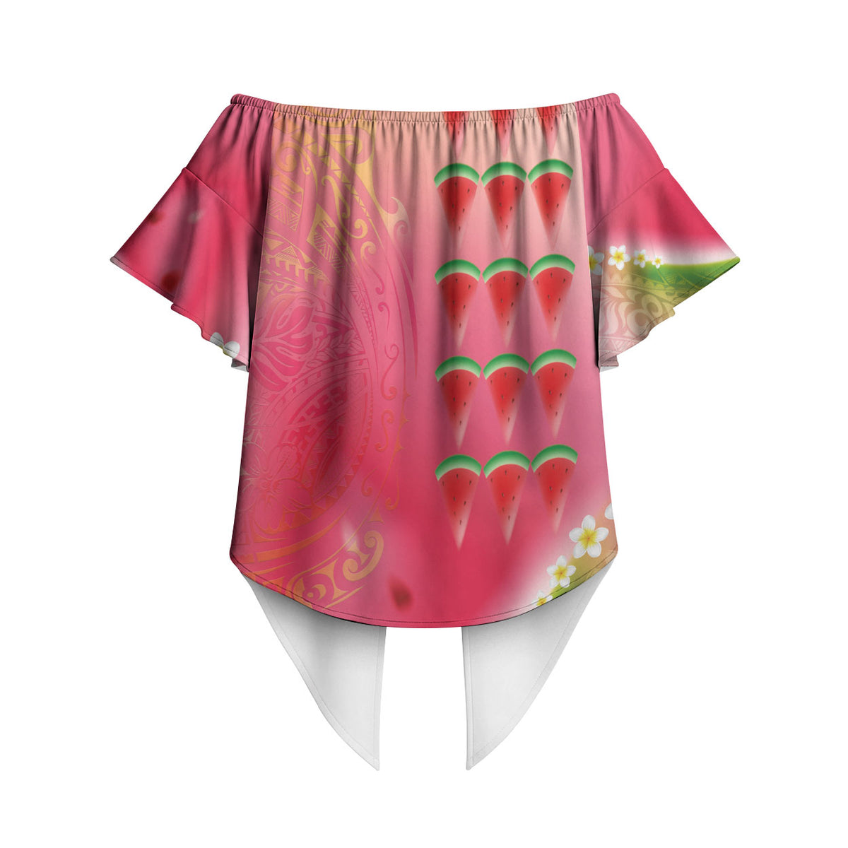 Hawaiian Watermelon Off Shoulder Wrap Waist Top with Kakau Art Tattoo LT03 - Polynesian Pride