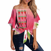 Hawaiian Watermelon Off Shoulder Wrap Waist Top with Kakau Art Tattoo LT03 - Polynesian Pride