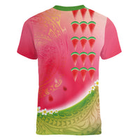 Hawaiian Watermelon Women V-Neck T-Shirt with Kakau Art Tattoo